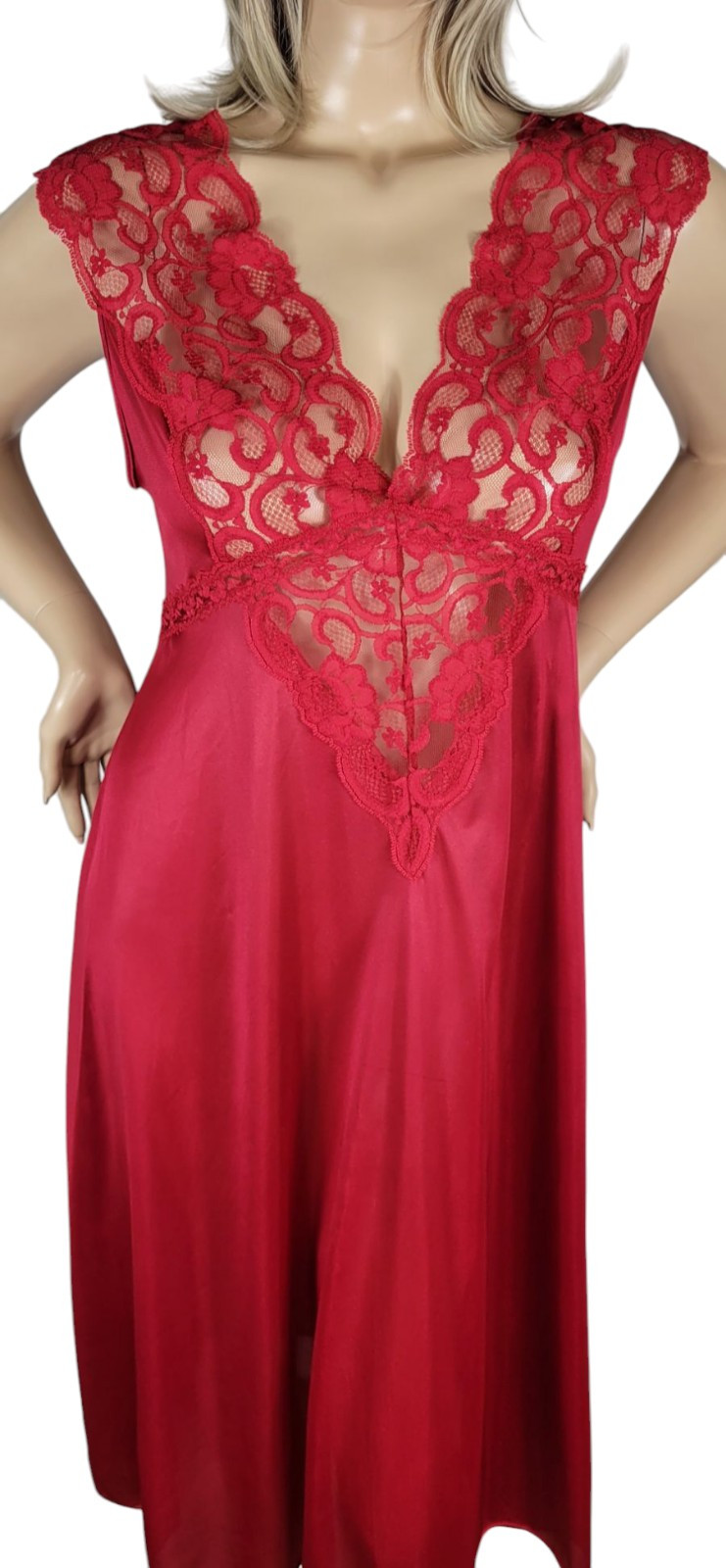 Vintage Soft Moments New York Red Nylon Satin & Semi Sheer Lace Slip Nightgown L