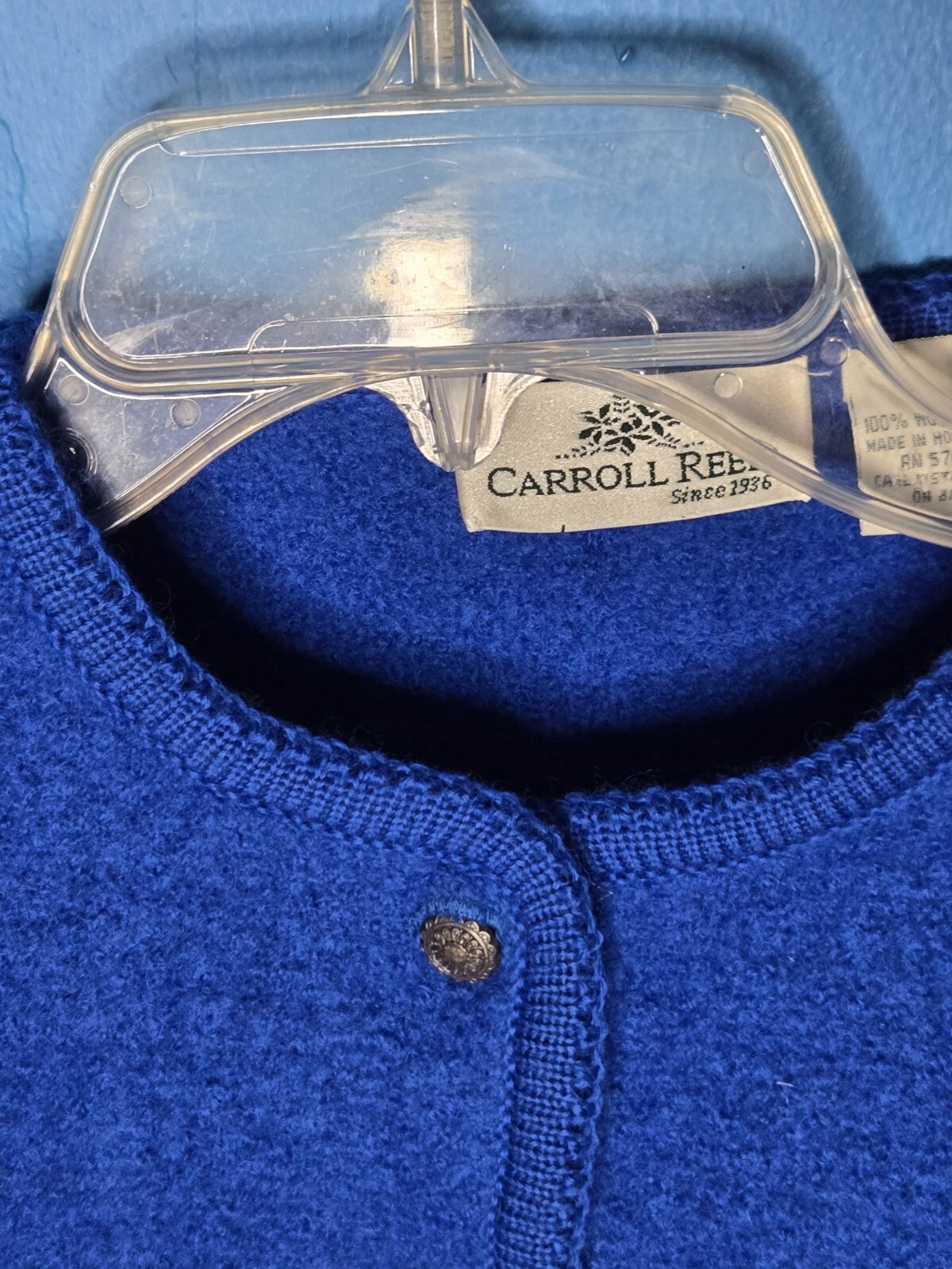 Vintage 70s 80s Gorgeous Carroll Reed Blue Boiled Wool Cardigan Size 8 Hong Kong