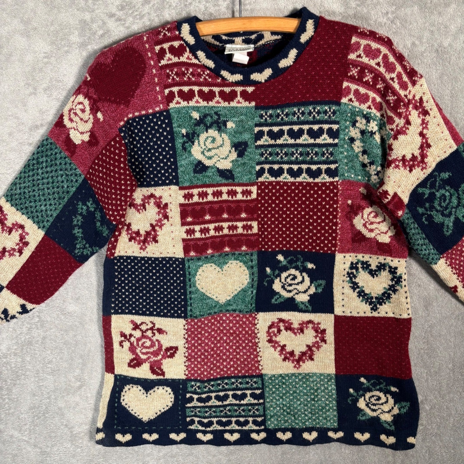 Classic Elements Vintage 90s Patchwork Heart Rose Knit Sweater Petite Large USA