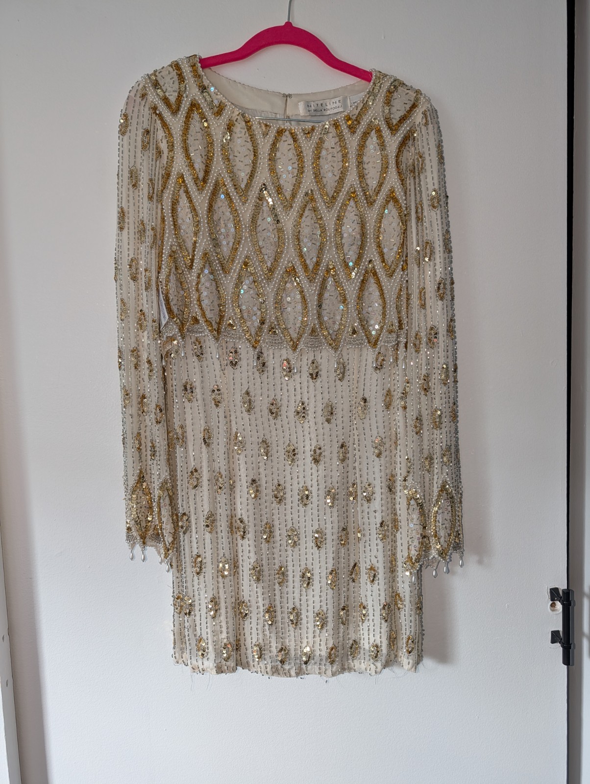 Vintage Niteline Della Roufogali Silk Beaded Sequin Dress Gold Pearl Size 12