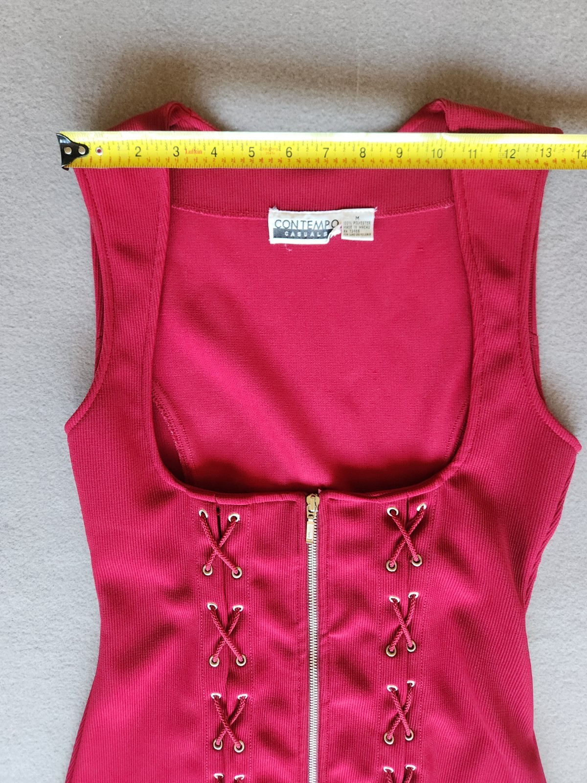 Vtg 90s Contempo Casuals Red Corset Lace Up Zip Front Ribbed Top Vest Womens M