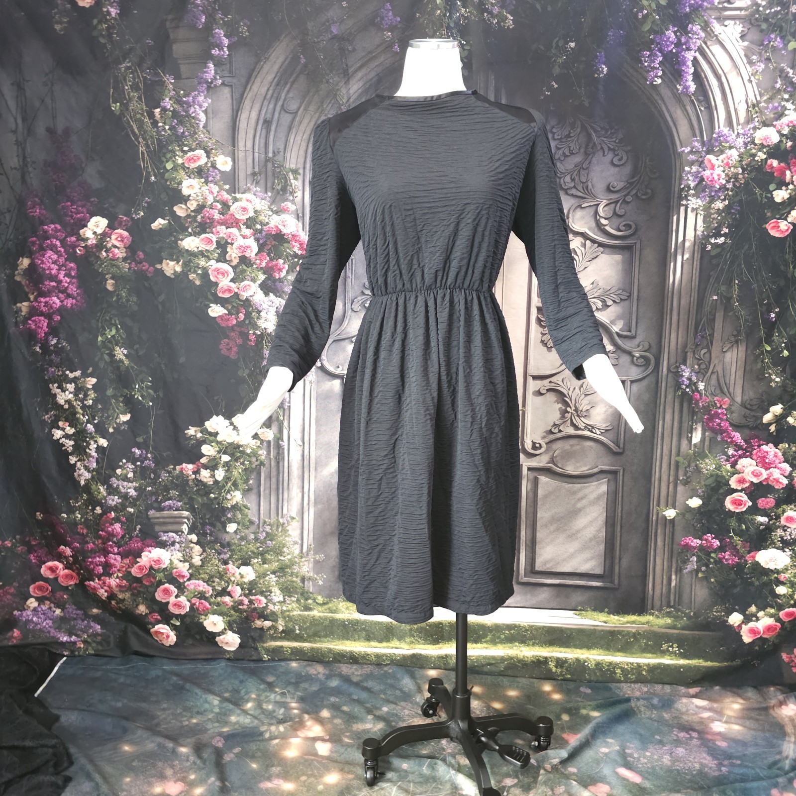 Vintage 1970s Black Dress Textured Fabric Satin Shoulders Long Sleeves
