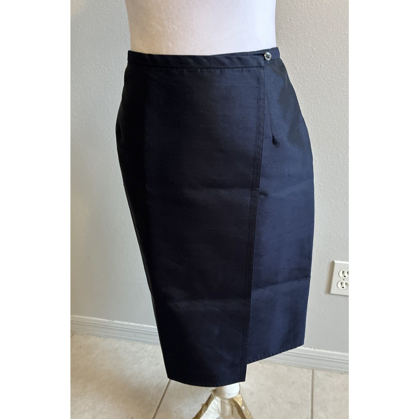 Vtg 90s Ralph Lauren Navy 100% Silk Dupioni Wrap Skirt USA UNITE Slubbed Silk 6
