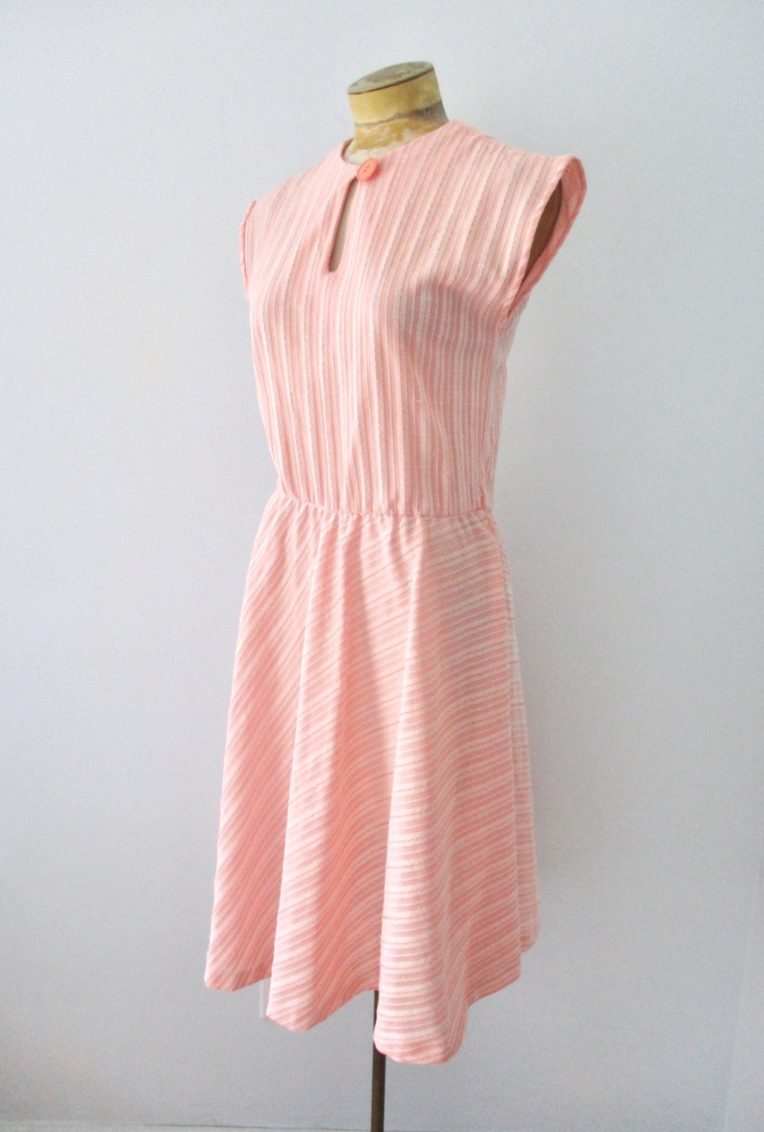Vtg 70s Coral Pink Stripe Poly Knit Disco Secretary Dress Full Skirt Pocket M/L