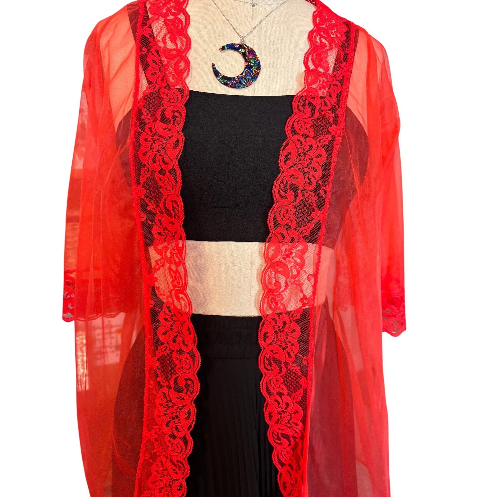 Pandora 60s Lace Trim Sheer Mesh Fairy Lingerie Kimono Medium Cherry Red Vintage