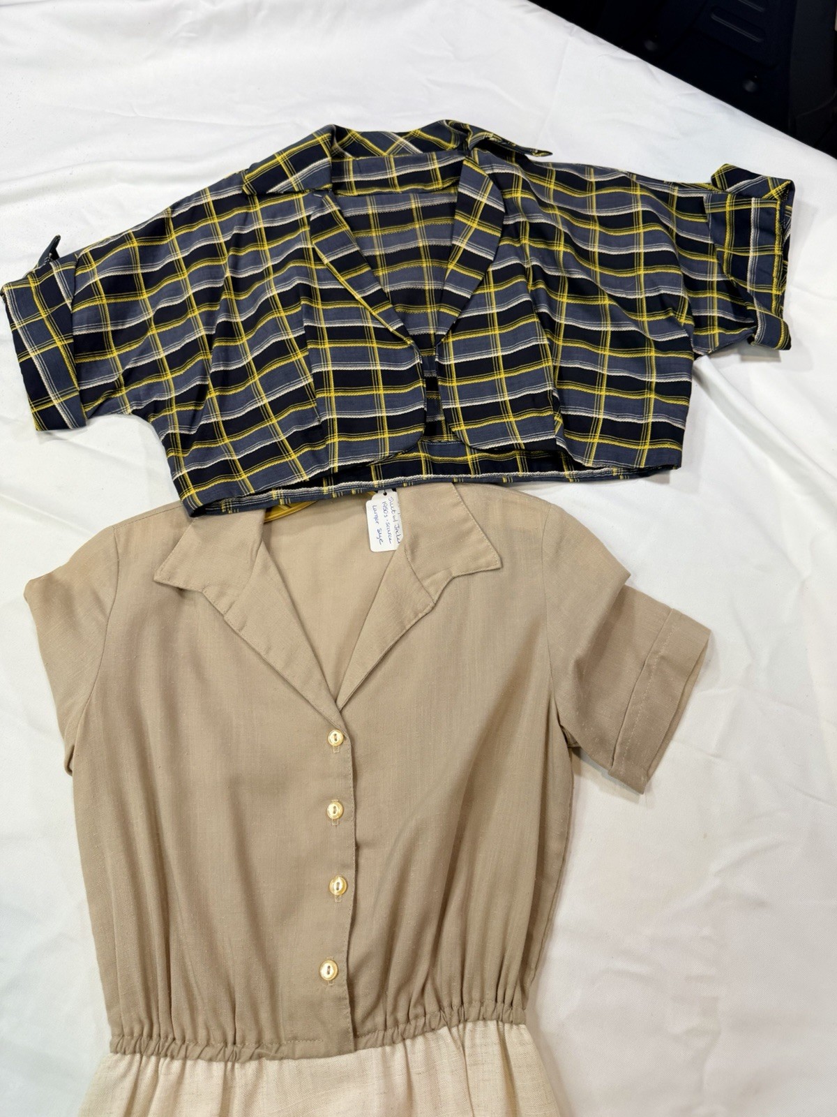 1950s 60s Beige Cream Shirtwaist Dress Elastic Waist Gold Buttons XS