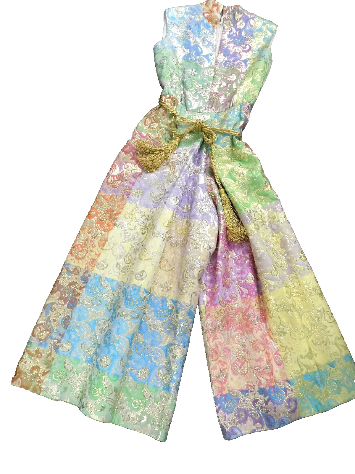 Vtg FAB 60s Joseph Magnin Metallic Tapestry Gold Pink Green Disco Maxi Jumpsuit
