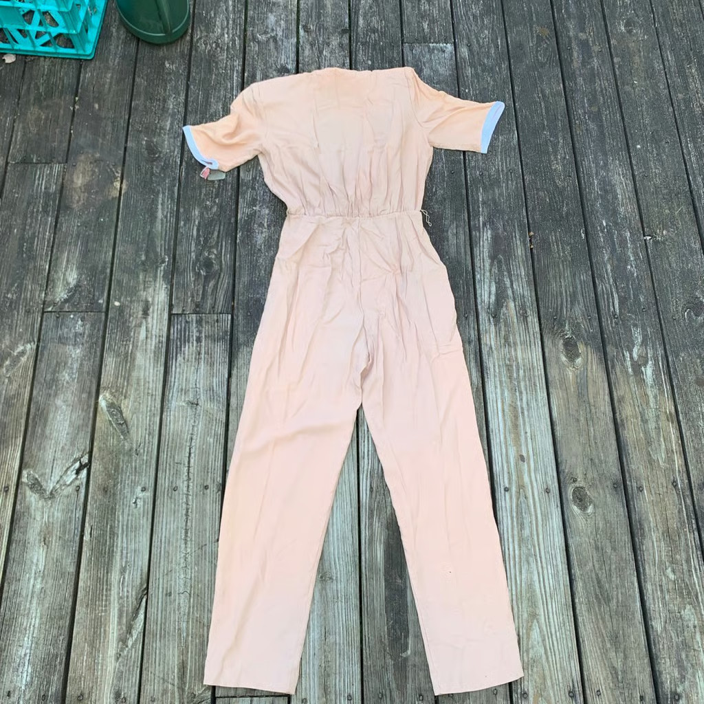 Jumpsuit Vintage 1970s 60s Peach and White One Piece JumpSuit Made in USA 14