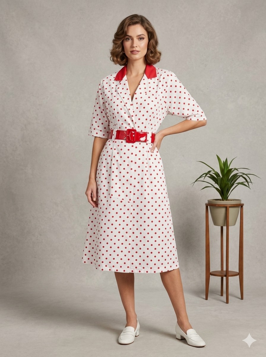 Vintage Avon Polka Dot Dress Red White Belted 1980s Rockabilly Shirt Dress Small