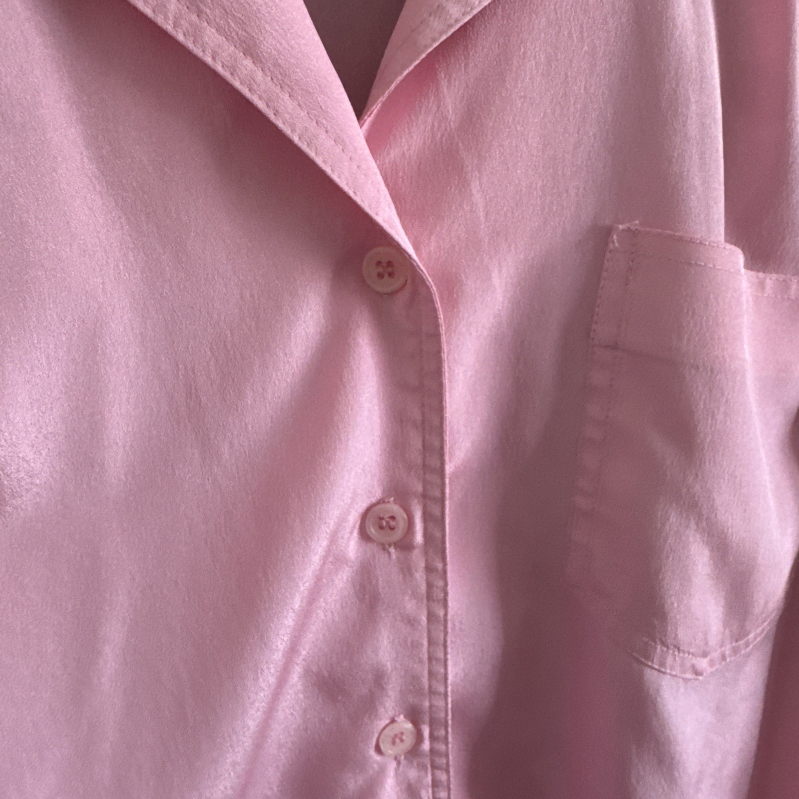 Vintage Pink Polyester Button Front Blouse Shirt sz 36 L Button Up Short Sleeve