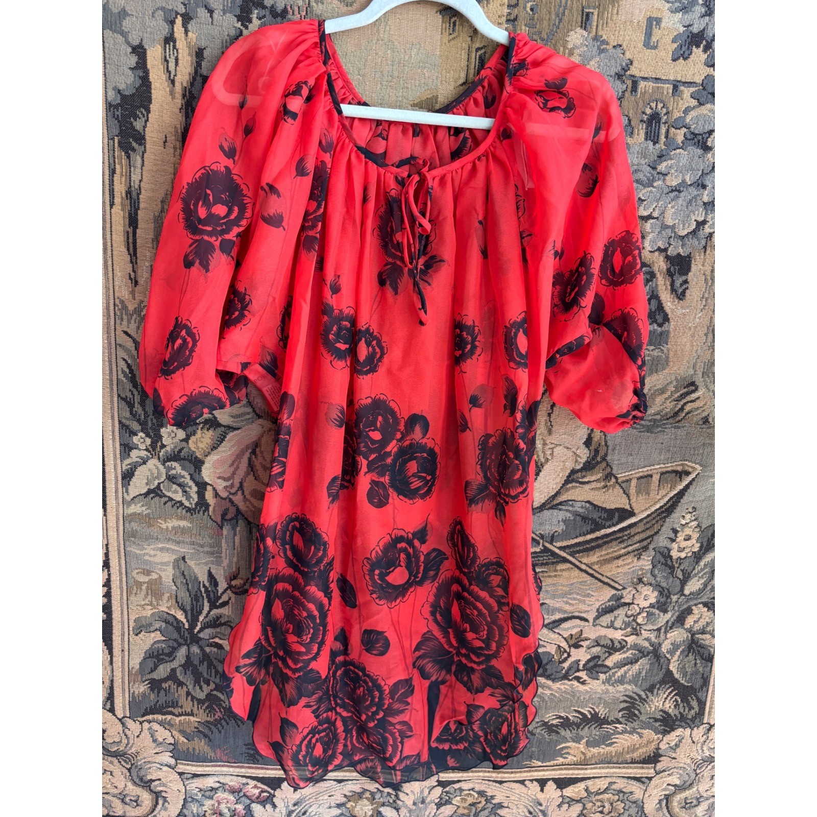 Vintage 70s 80s Tori Richard Honolulu Liberty House Red Black Rose Tunic Top