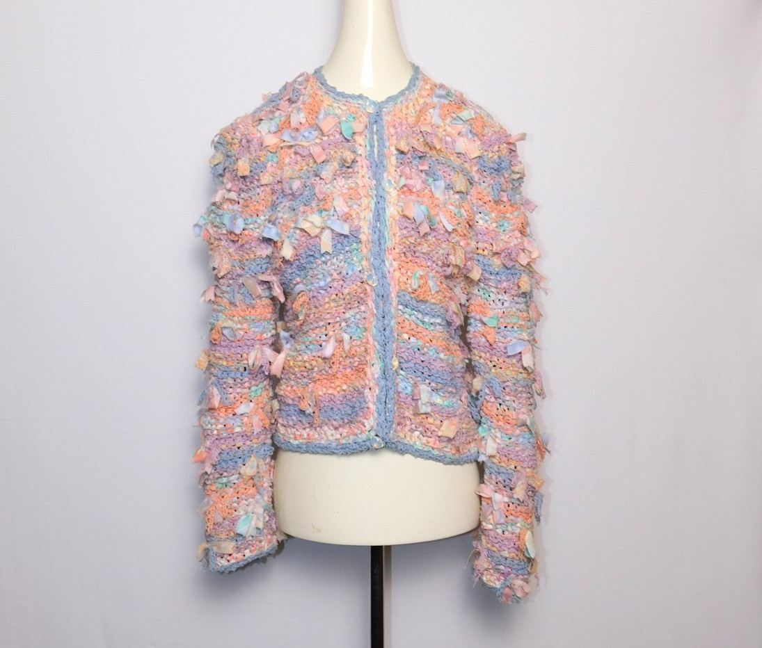 Vintage Women’s 1990s Estelle Gracer Pastel Ribbon-Knit Cardigan Sweater