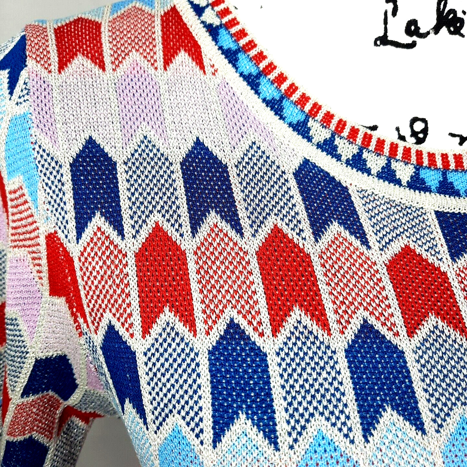 Vintage 60s MOD Geometric Silver Metallic Knit Dress Medium Red Pink Blue Retro