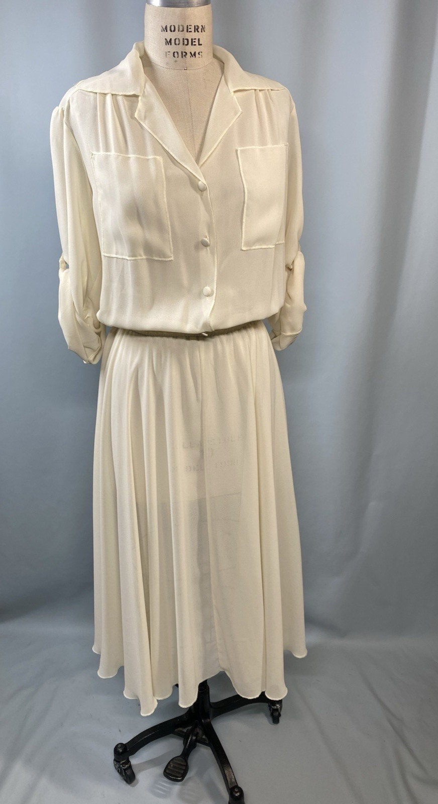 Vintage Dress SIZE 11/12 LARGE ivory white georgette chiffon DIDA 70s 80s sheer