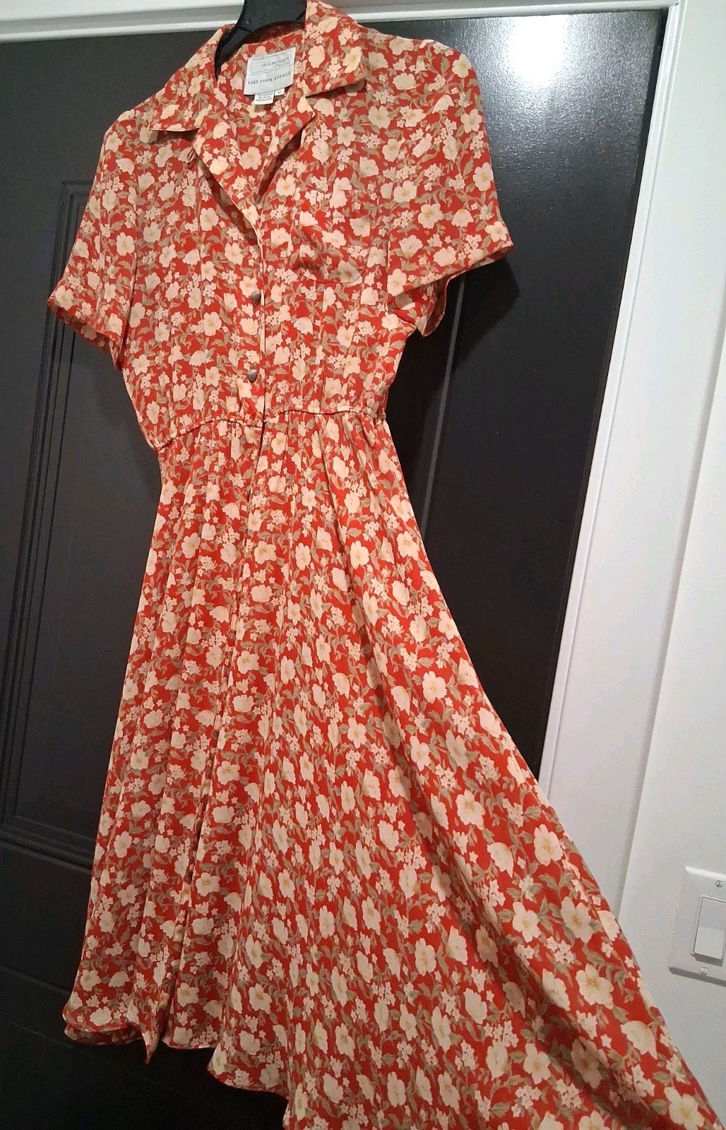 Vtg Warren Saks Fifth Ave Long Dress 10 Floral Buttons Relaxed A-line Short Sl.