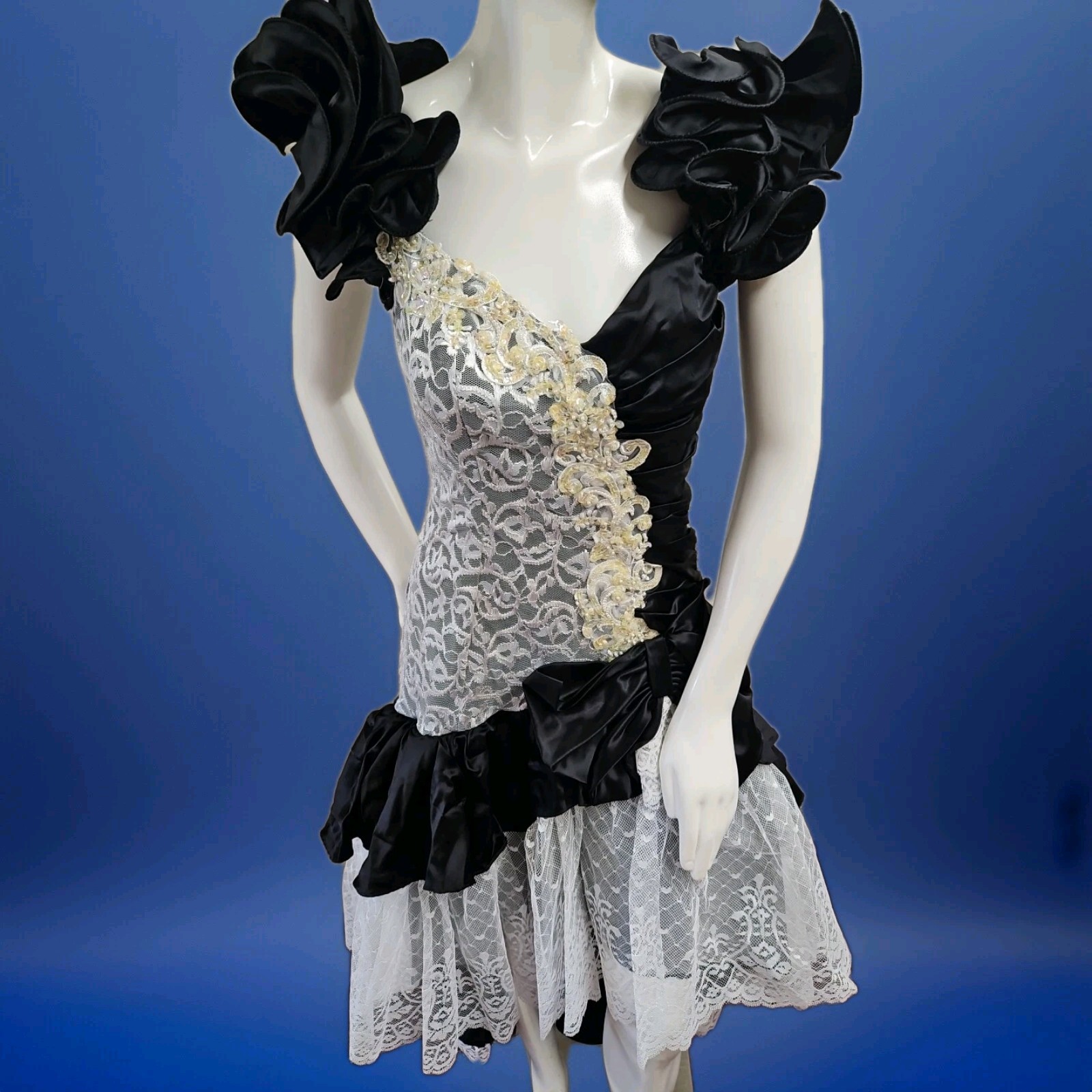 Flirtations Vintage 80s Blk/white Sequin Lace Taffeta Party Prom Dress sz 7/8