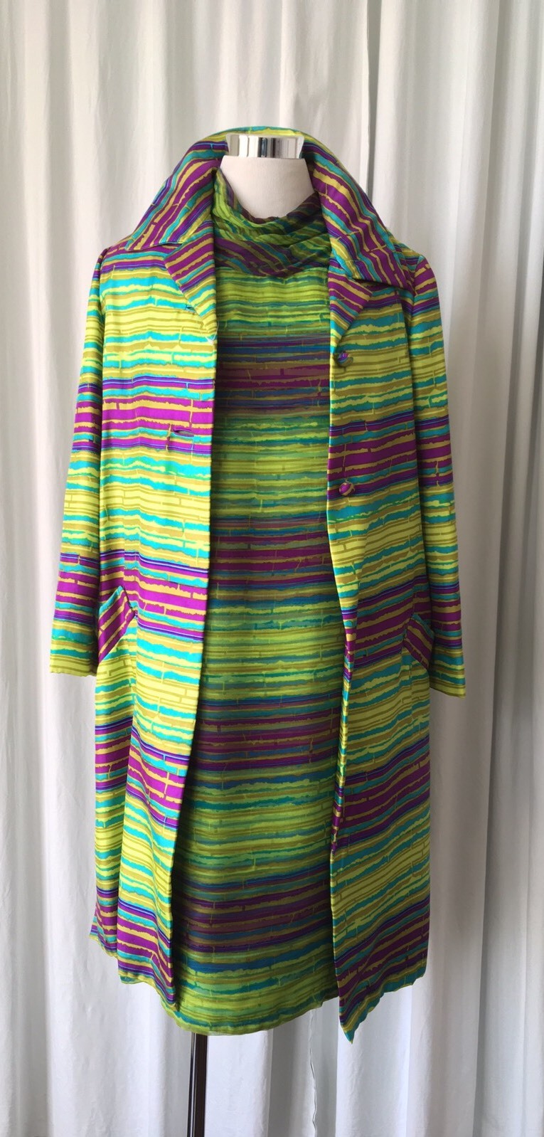 Vintage 60’s silk stripes coordinate set dress and coat custom made S/M