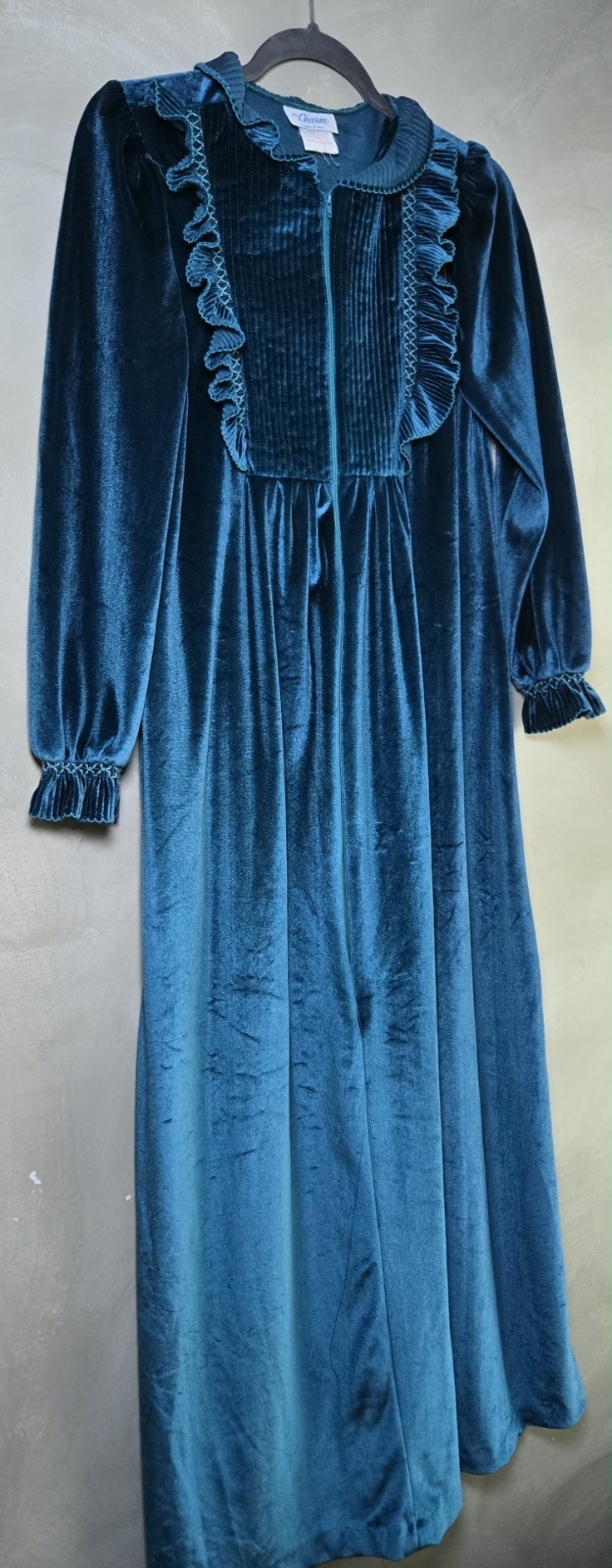 Vintage Teal Velvet Prairie Dress Ruffle Trim Made in USA Cottagecore
