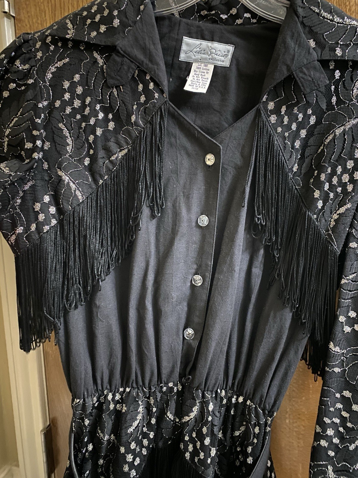 Vintage Lilia Smitty Western Dress Black Silver Fringe Size 11/12 Lace Rodeo