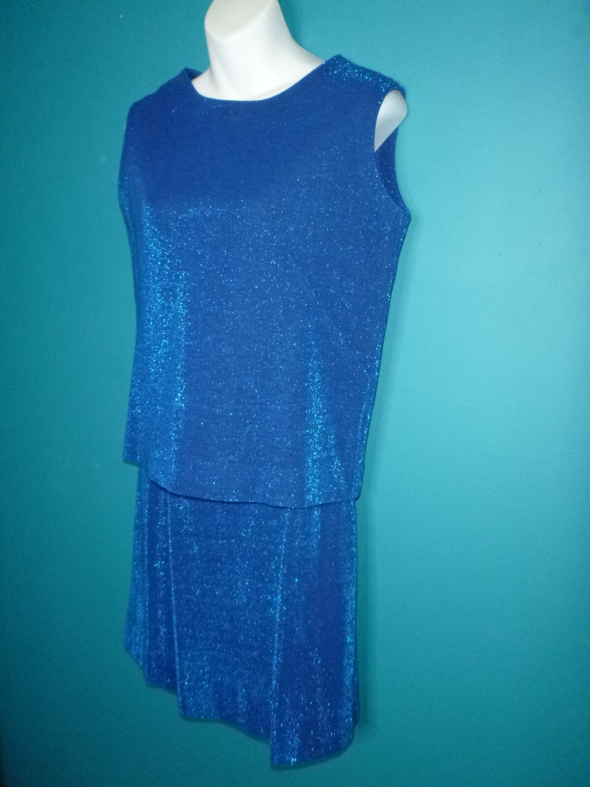 Vtg 60s Dutchmaid Top & Skirt Set Blue Aqua Metallic Sparkle Sz S/M