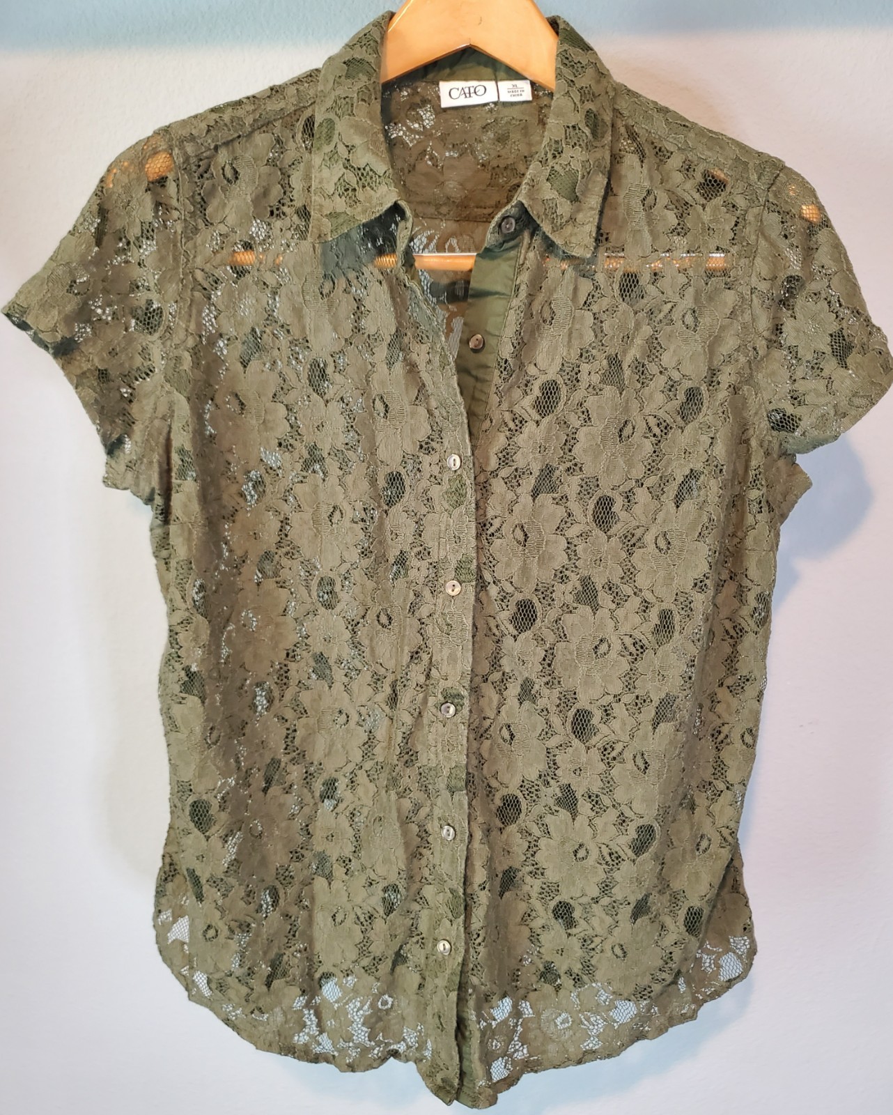CATO Y2K Olive Green Floral Lace Button Up Shirt Womens XL Boho Goth
