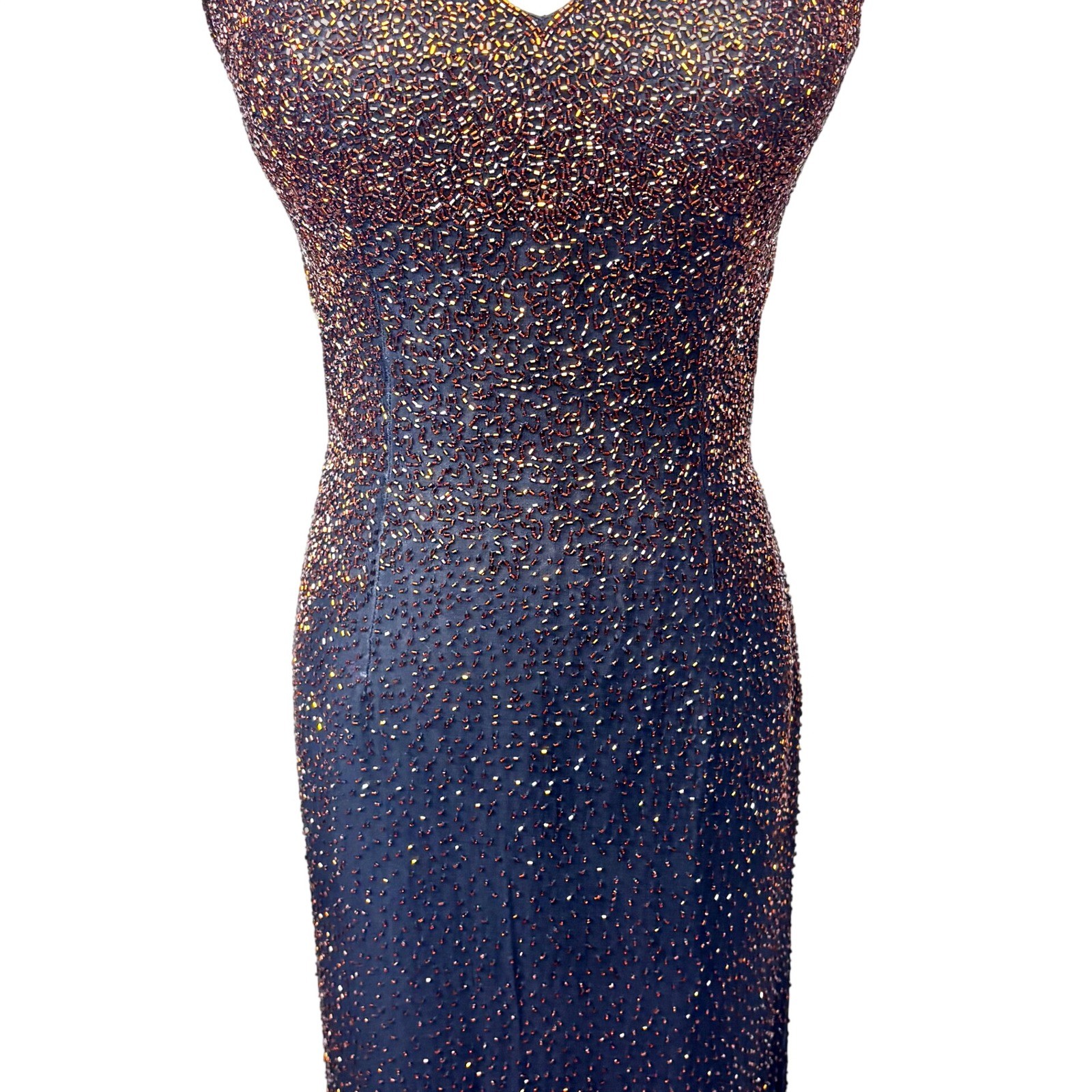 VTG Scala Dress Black Copper Gold Beaded Ombre Backless Formal Gown Silk 4