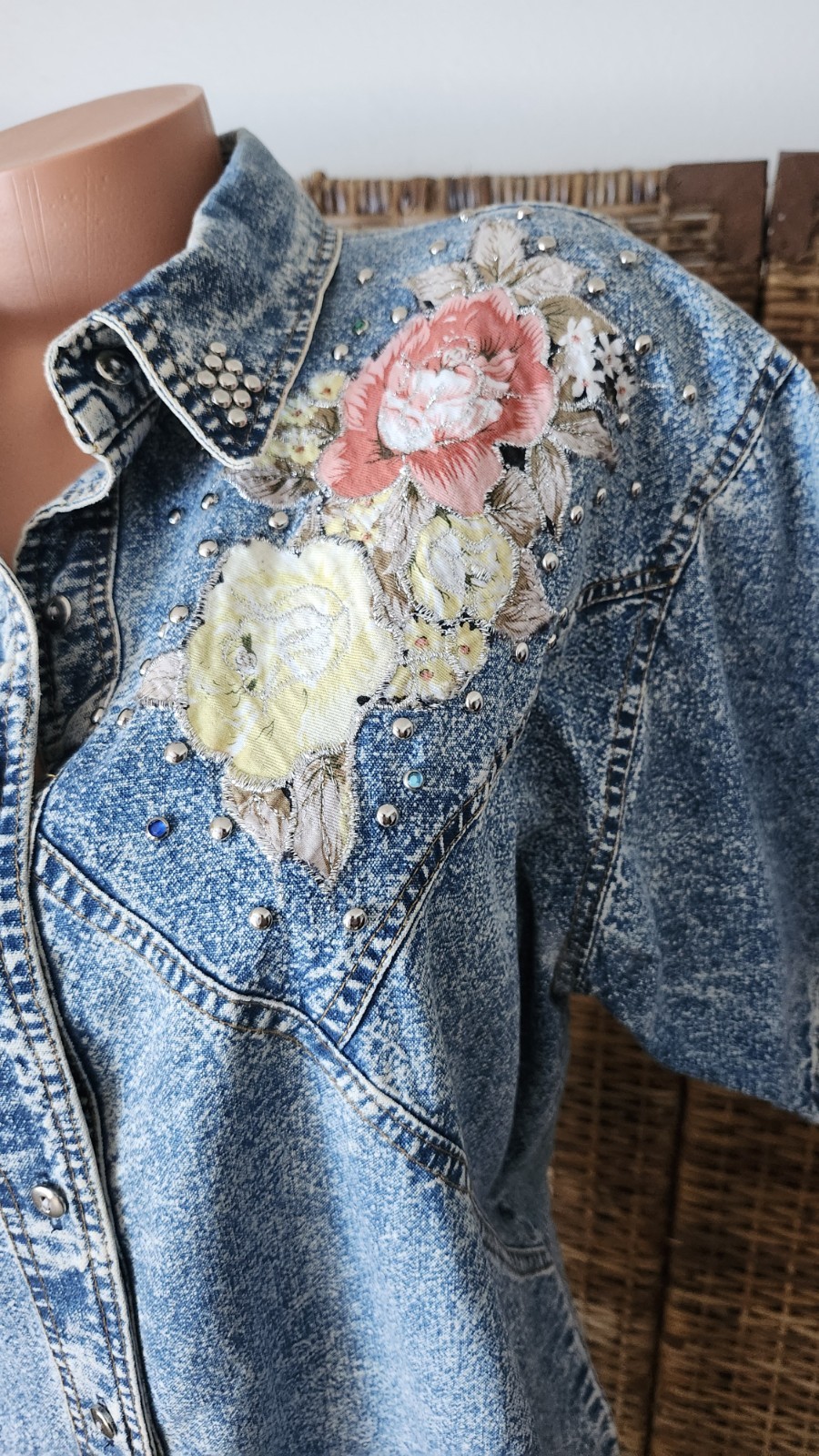 Retro 80’s Stanger Things Style Blue Cotton Denim Button Blouse Top Shirt Sz M