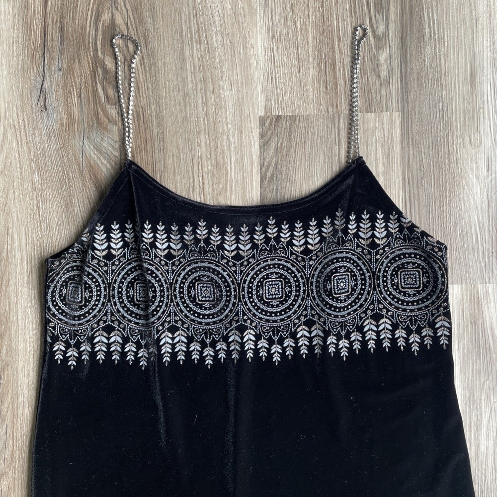Vintage Y2K Witchy Short Mini Black Velvet Spaghetti Strap Dress Large Tribal