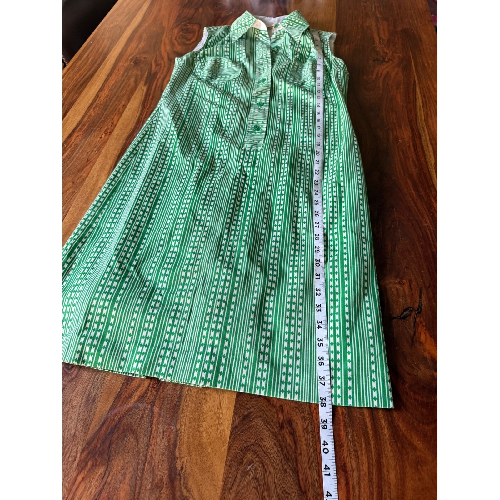 Vintage Wibor Green White Geometric Stripe Sleeveless Shift Shirt Dress 38 70s