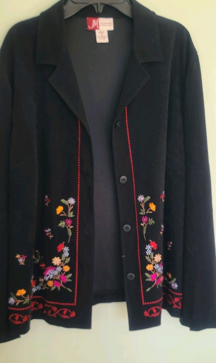 Vintage black Faux Suede Top Jacket Embroidered Red Pink Yellow Flowers. size 12