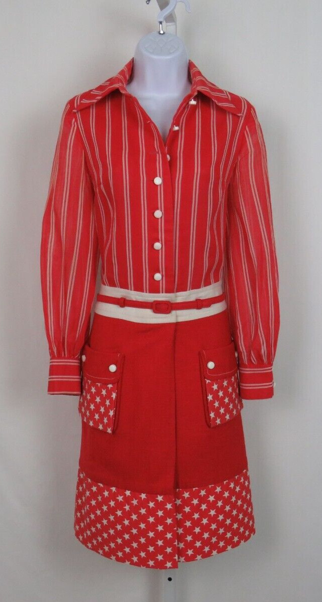 VTG 1950s HOWARD WOLF RED SHIRT DRESS WHITE STARS STRIPES BELT LINEN BLEND