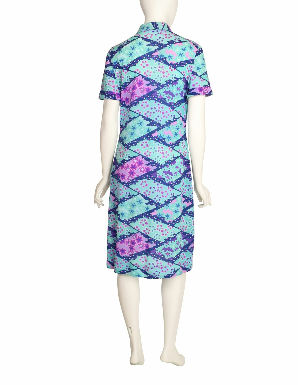 Ken Scott Vintage 1970s Blue Purple Seafoam Aqua Floral Star Print Shirt Dress
