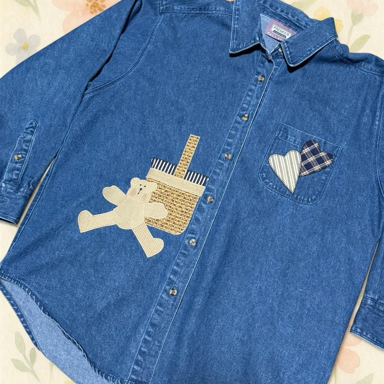 Vintage Teddy Bear Applique Denim Button Up Shirt Cottagecore Picnic Top Med