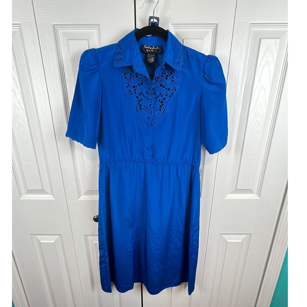 Vintage 80s Electric Blue Secretary Dress Cutout Lace Puff Sleeve XS/4 New Wave