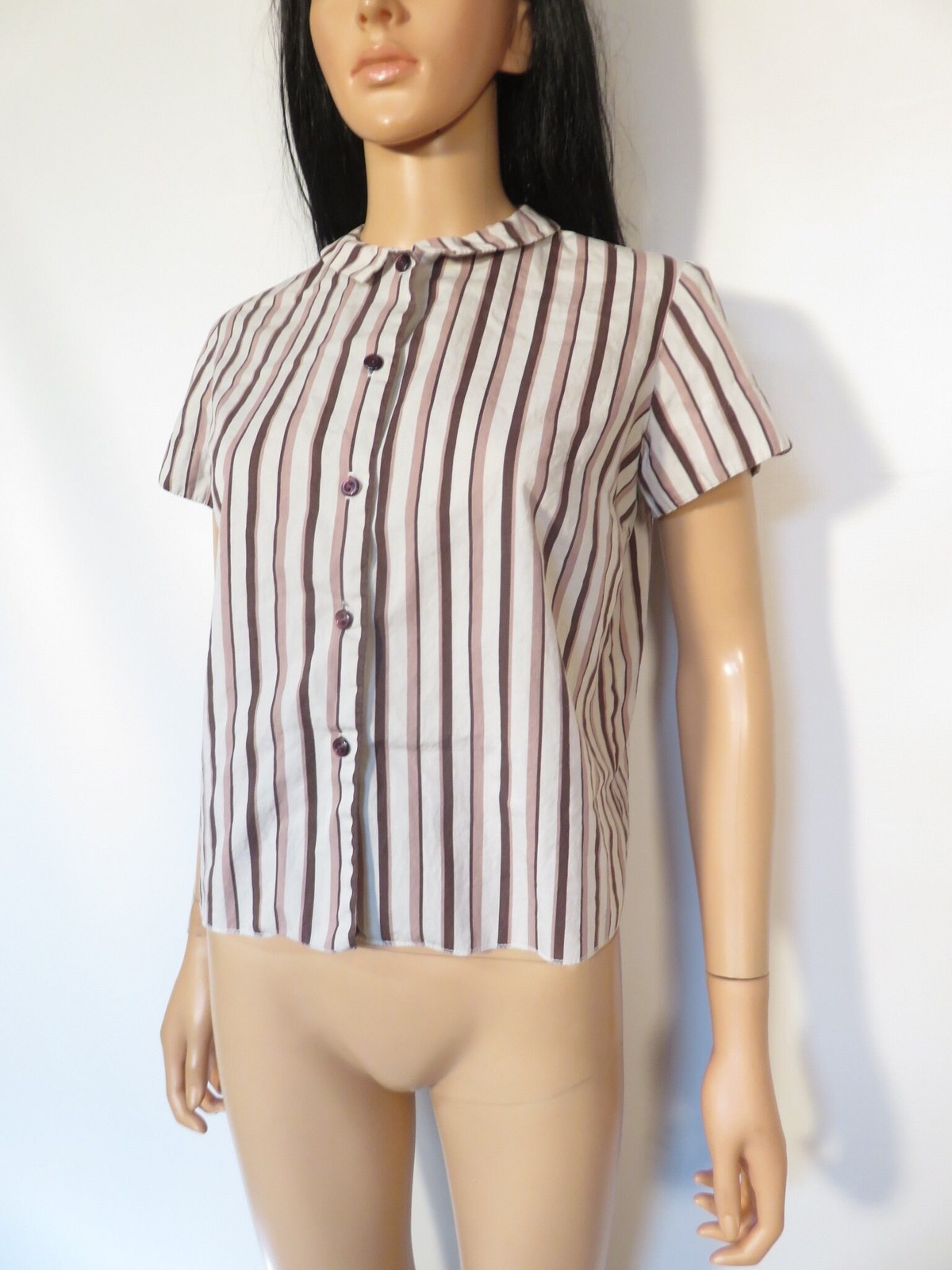 Vintage 60s Brown Striped Tailored Blouse Size M/L