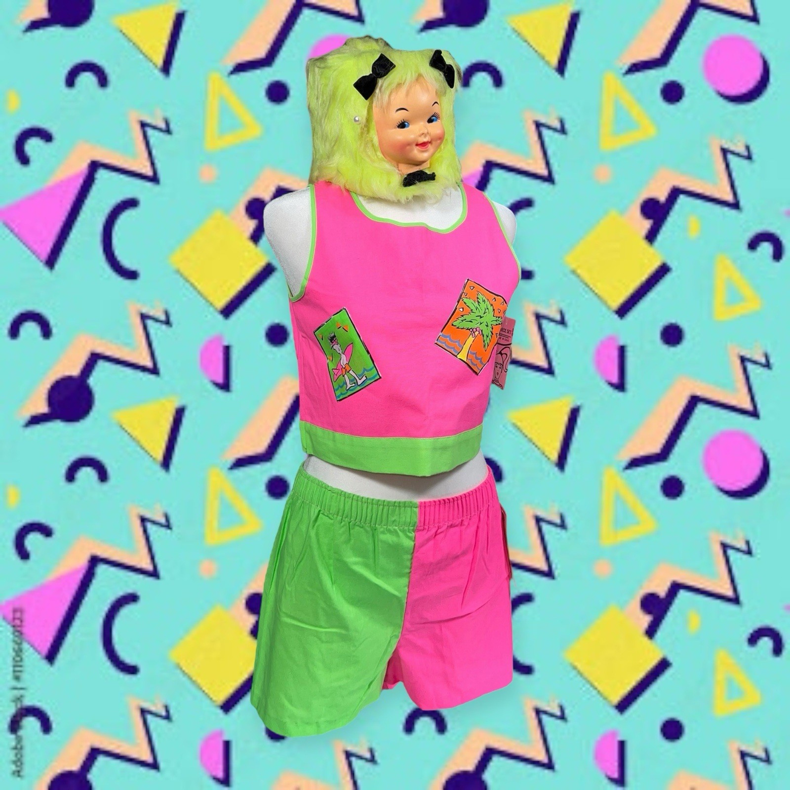 VTG 1980s NWT DEADSTOCK TANK TOP SHORTS SET JRS 12 NEW WAVE NEON SURFER BEACH