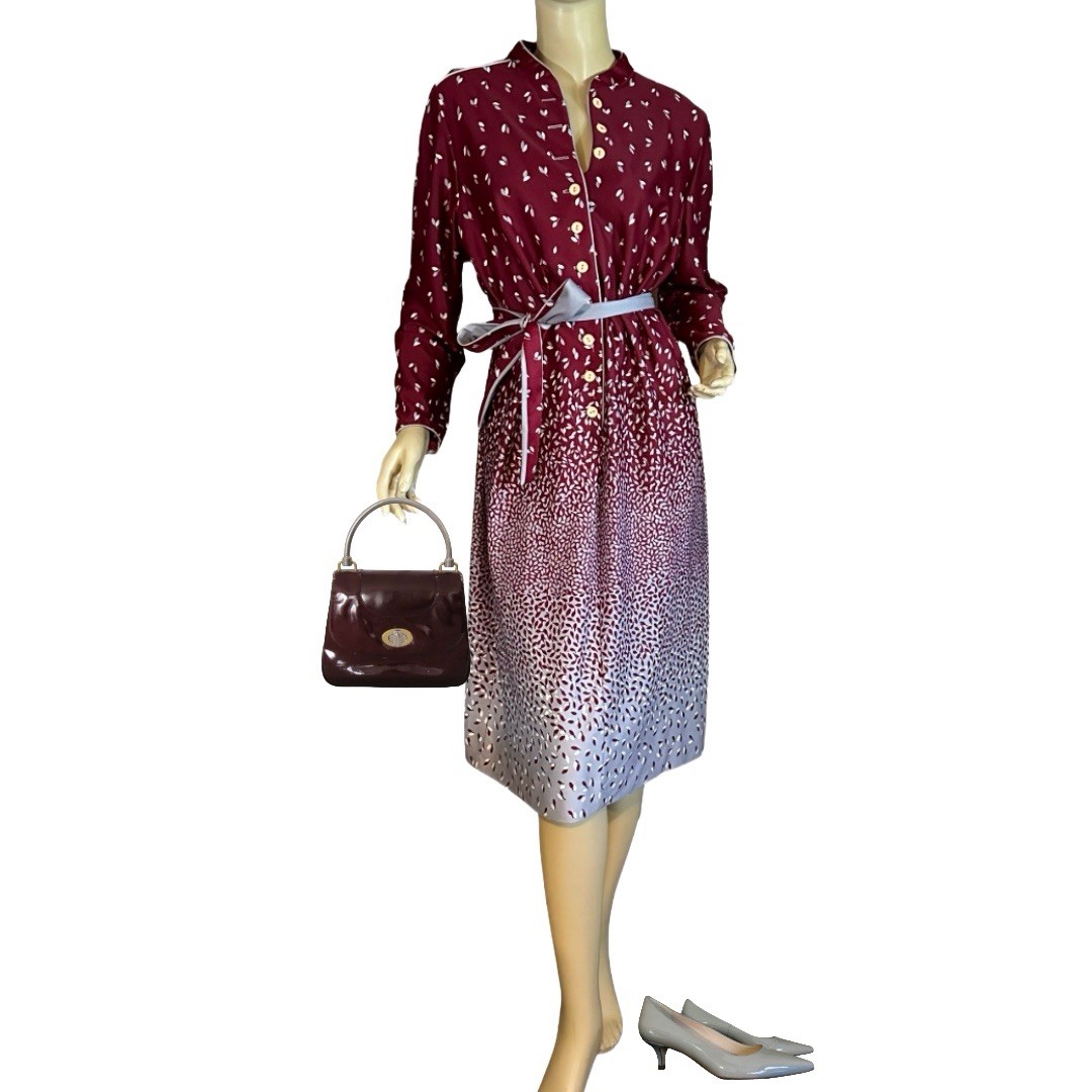 VINTAGE 1980’S LORAC BURGUNDY & GRAY LEAF PRINT SHIRT DRESS SIZE XL