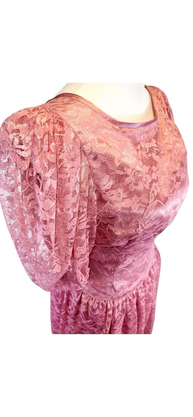 VINTAGE 1980s PRETTY PINK LACE NEW WAVE PUFF SLEEVE PROM PARTY DRESS VICTORIAN