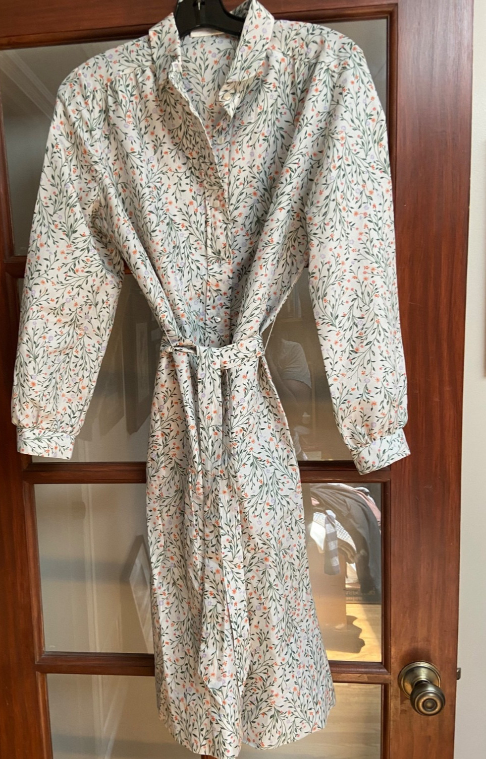 Vintage Lanvin Paris New York Beige Jacquard Logo Tie Waist Shirt Dress Size M