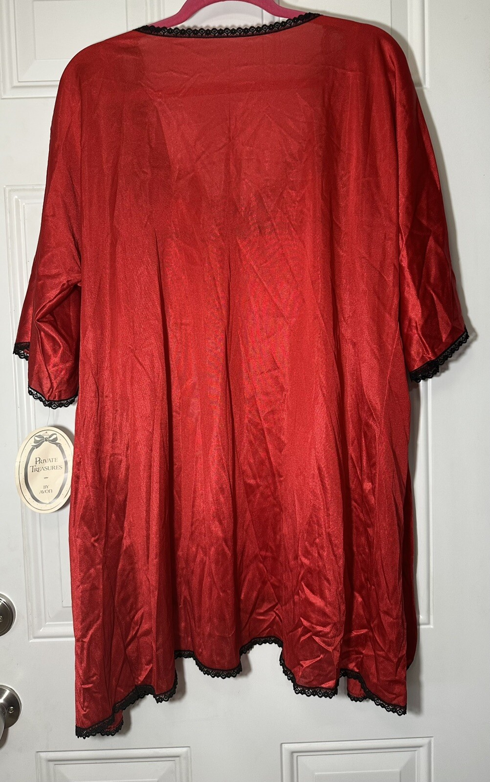 VTG Private Treasure AVON Night Gown & Robe Red Black Silky Lace Lingerie Size M