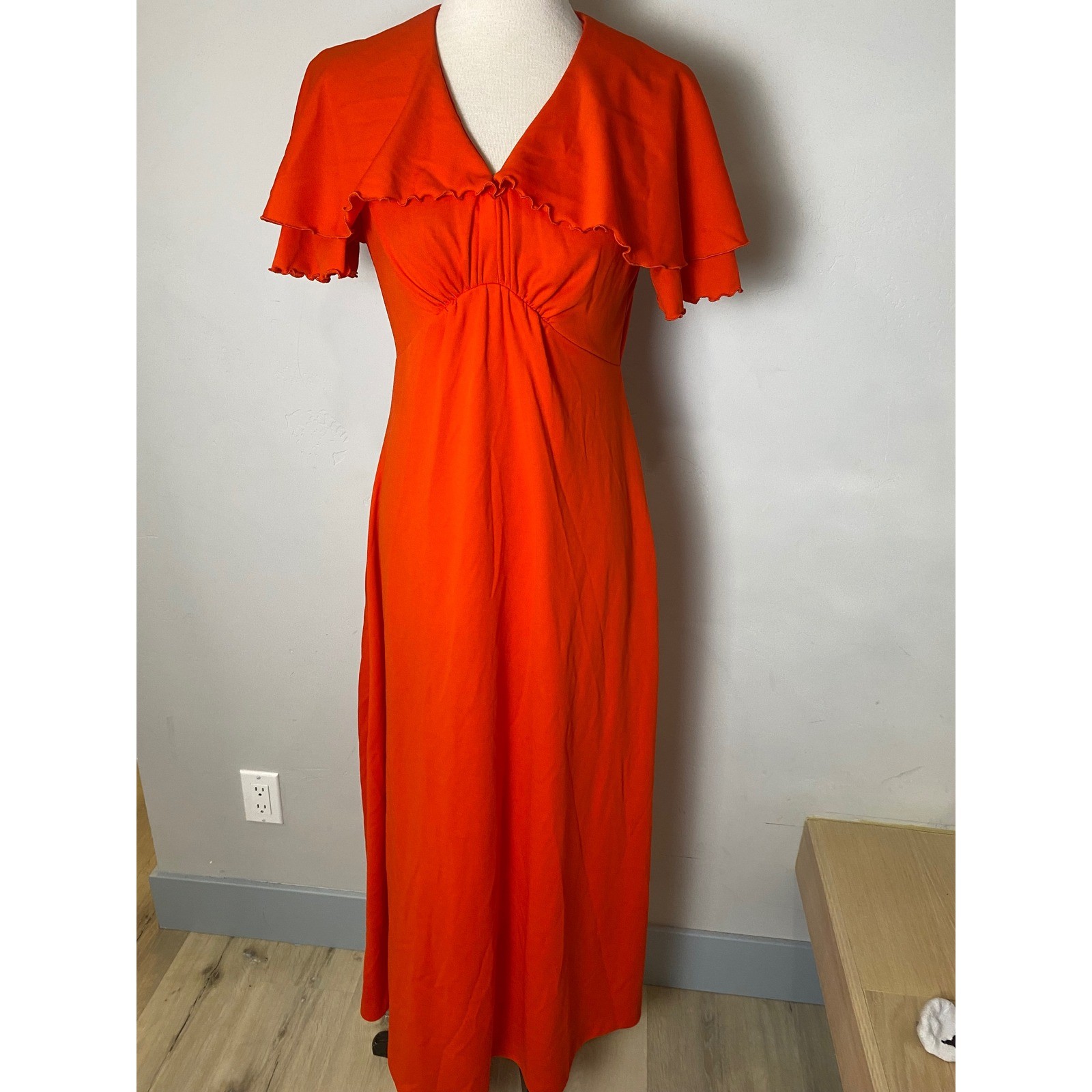 Vintage 70s Orange Fortrel Polyester Ruffle Halloween Empire Waist Maxi Dress S