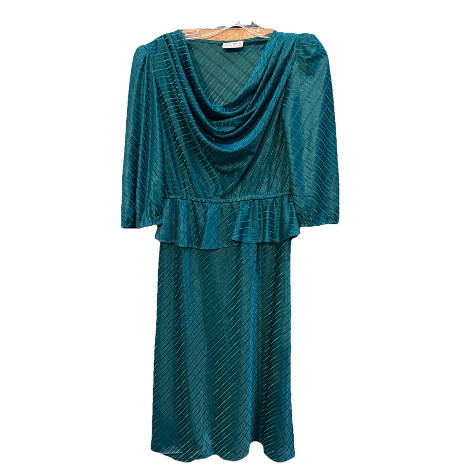 Vintage Super 80s Joni Blair USA Teal Ruffle Waist Modi Dress Draped Neckline