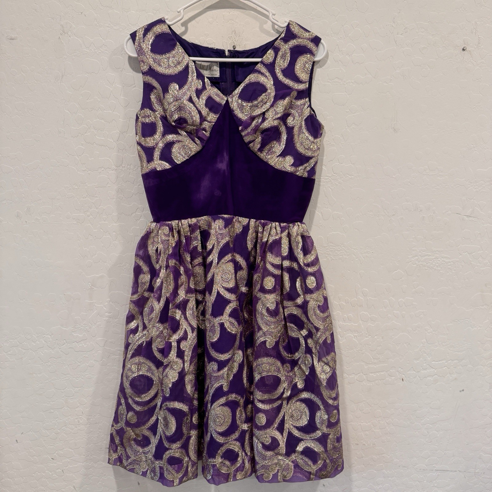 Vintage Alfred Werber Velvet Cocktail Dress Size 10 Purple Gold Brocade Swirl