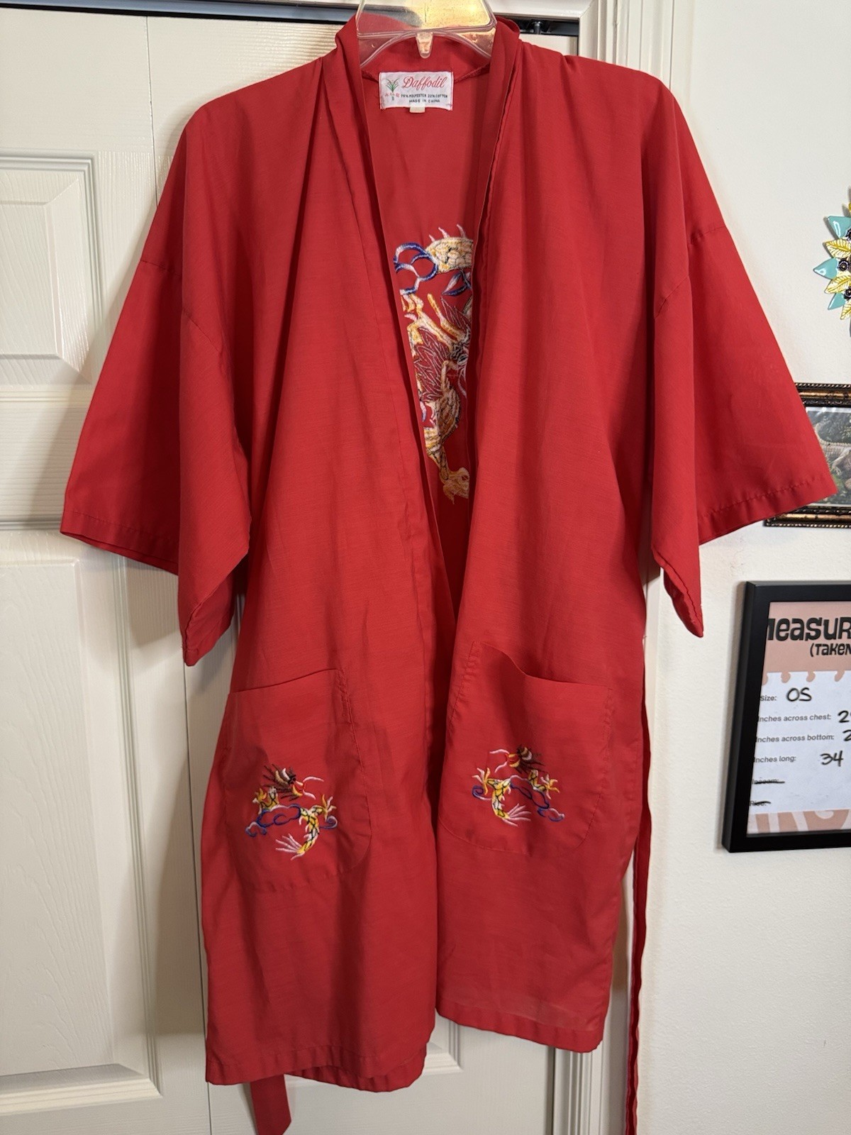 Daffodil Vintage Chinese Dragon Robe Embroidered Kimono Red Cotton Blend OS