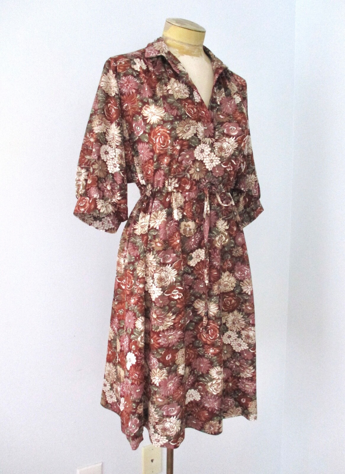 Vtg 70s Autumn Floral Poly Chiffon Dress Empire Drawstring Waist Dolman Slvs M/L