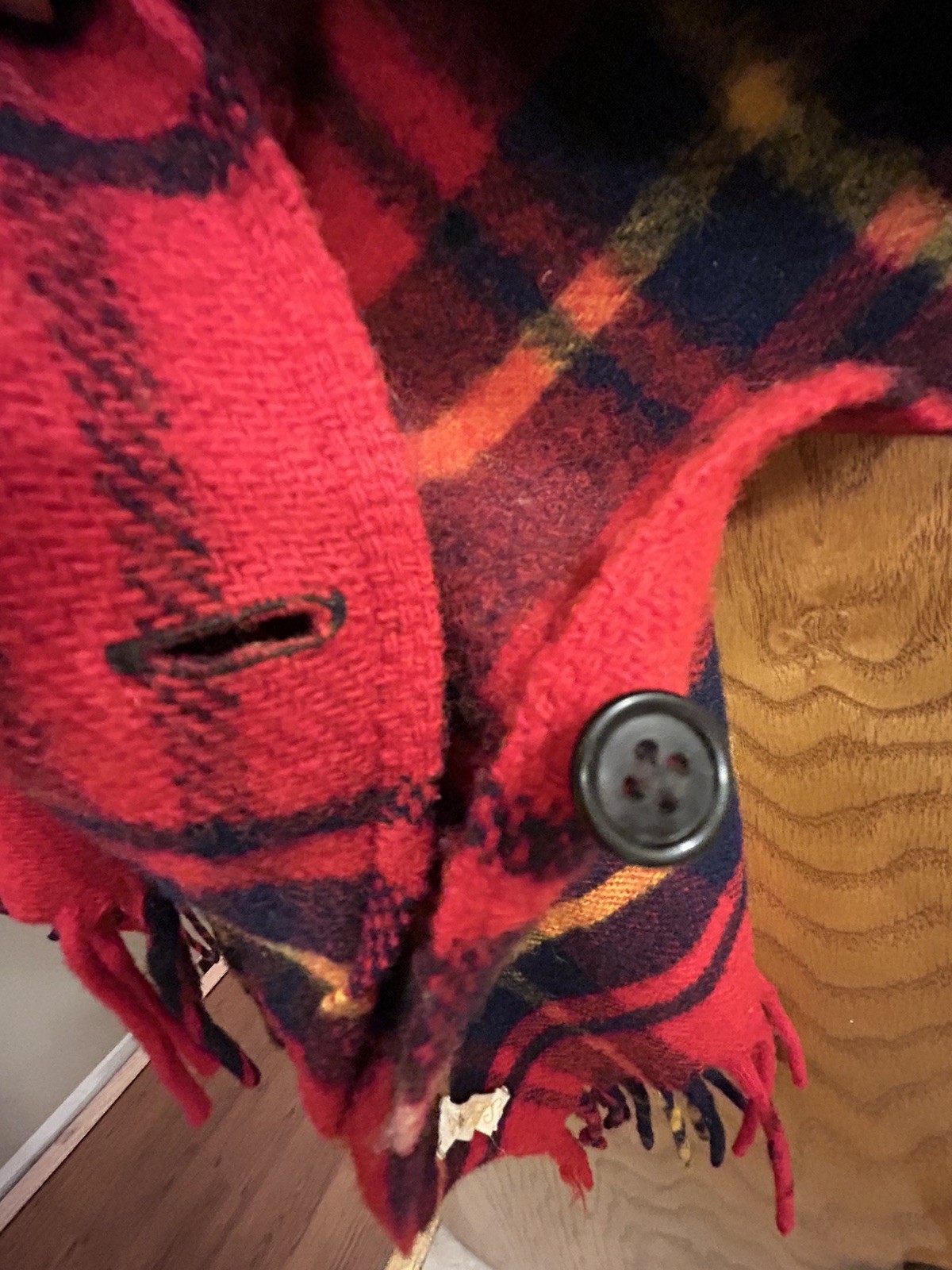 Vintage Saks Fifth Avenue Red Navy Yellow Wool Tartan Plaid Poncho Cape Fringe