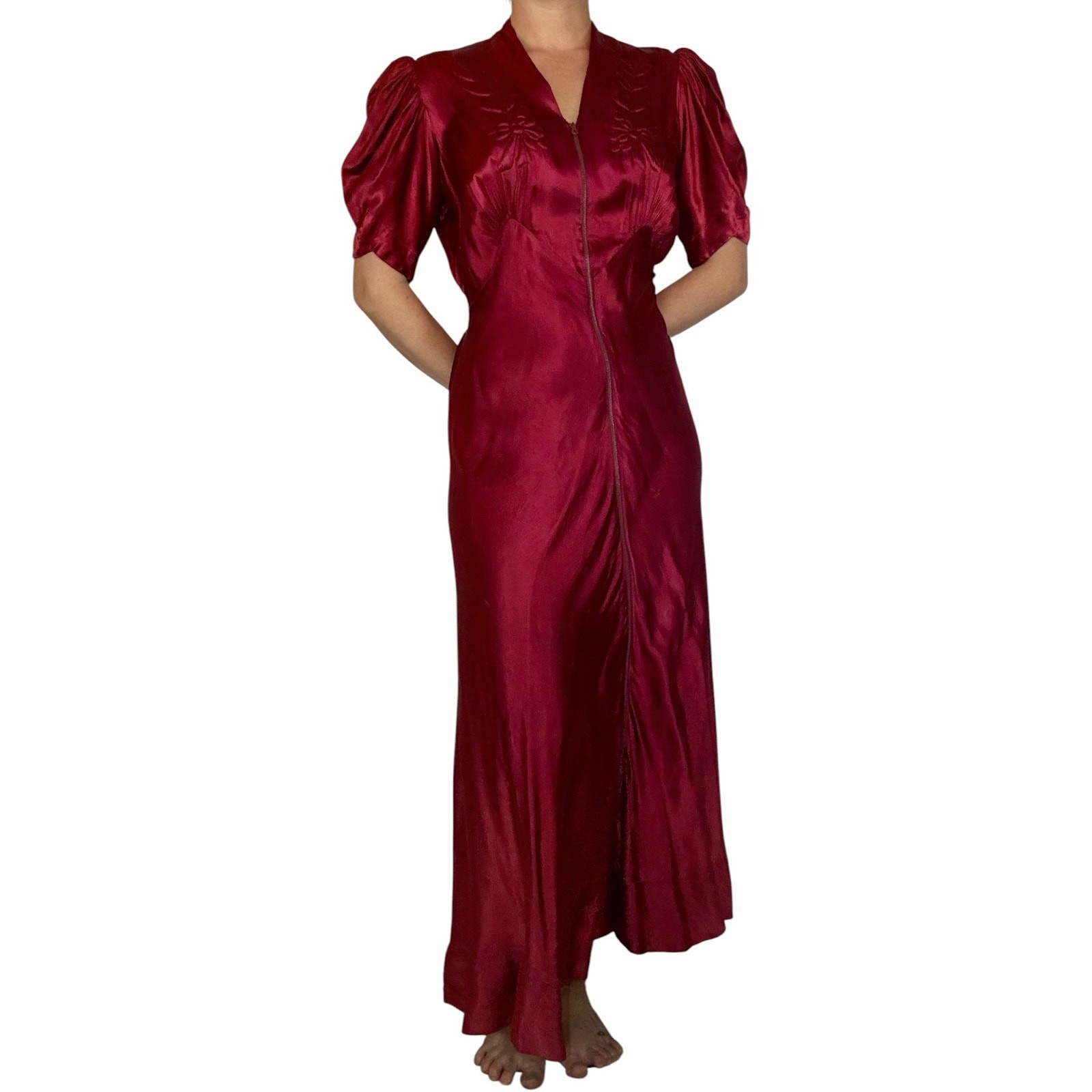 Vintage 1930s Liquid Satin Gown Quilted Floral Bias Cut Maroon Lounge Dress Gown