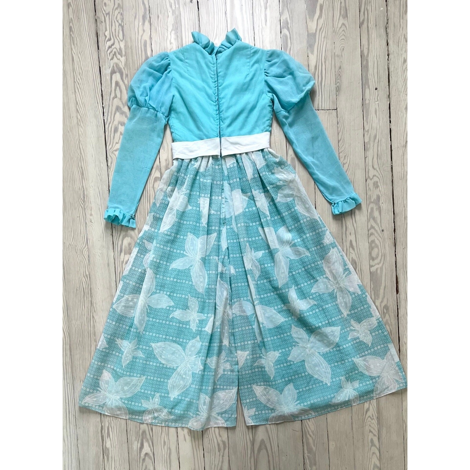 1970s Jumpsuit / 70s Blue Leg of Mutton Sleeve Wide Leg Jumpsuit / Extra Small