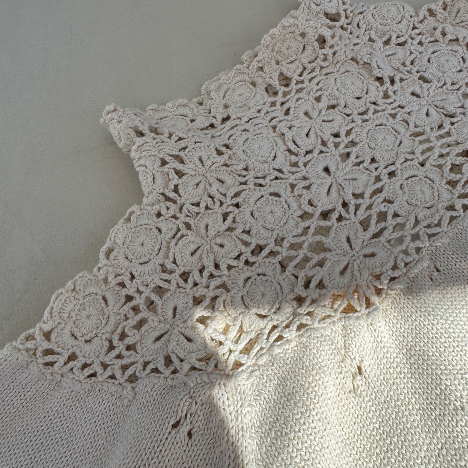 In-Wear Vintage 1980s Sweater Cream Crochet Lace High Neck Pointelle Cotton