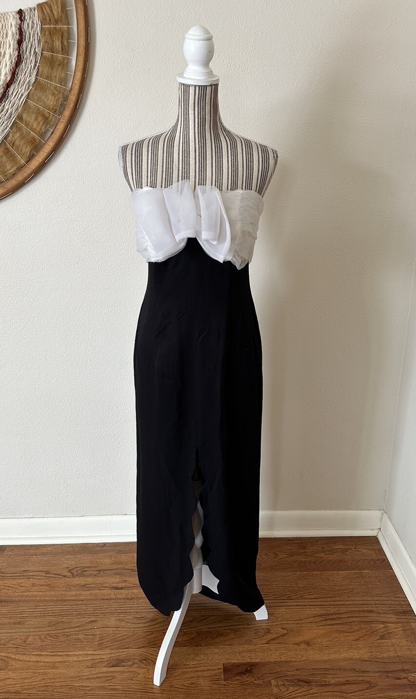 Vintage Niki Originals 90s Dress Gown Slit Black White Bow Woman’s S/M